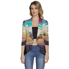 Vibrant Sunset Over Serene Lake Women s 3/4 Sleeve Ruffle Edge Open Front Jacket by ExtraGoodSauce