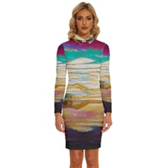 Vibrant Sunset Over Serene Lake Long Sleeve Shirt Collar Bodycon Dress by ExtraGoodSauce