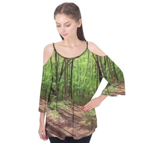 Peaceful Green Forest Walk Flutter Sleeve T-shirt by ExtraGoodSauce