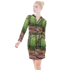 Peaceful Green Forest Walk Button Long Sleeve Dress by ExtraGoodSauce