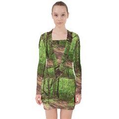 Peaceful Green Forest Walk V-neck Bodycon Long Sleeve Dress by ExtraGoodSauce