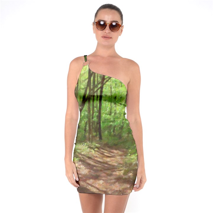 Peaceful Green Forest Walk One Shoulder Ring Trim Bodycon Dress