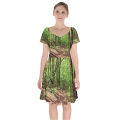 Peaceful Green Forest Walk Short Sleeve Bardot Dress by ExtraGoodSauce