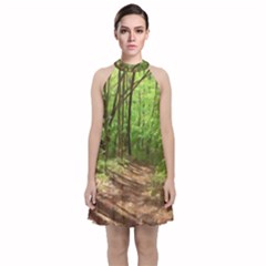 Peaceful Green Forest Walk Velvet Halter Neckline Dress 