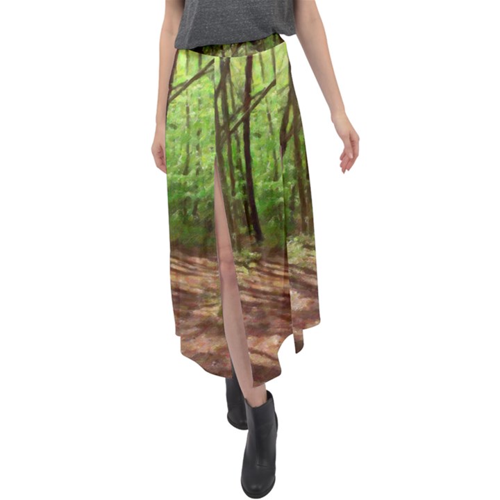 Peaceful Green Forest Walk Velour Split Maxi Skirt