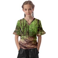 Peaceful Green Forest Walk Kids  V-neck Horn Sleeve Blouse by ExtraGoodSauce