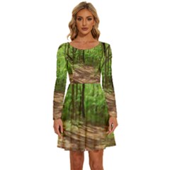 Peaceful Green Forest Walk Long Sleeve Wide Neck Velvet Dress by ExtraGoodSauce