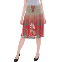 A Red And Beige Scarf With A Picture Of A Woman Holding A Tennis Racket Midi Beach Skirt by catchydesignhill