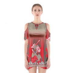 A Red And Beige Scarf With A Picture Of A Woman Holding A Tennis Racket Shoulder Cutout One Piece Dress by catchydesignhill