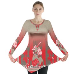 A Red And Beige Scarf With A Picture Of A Woman Holding A Tennis Racket Long Sleeve Tunic  by catchydesignhill