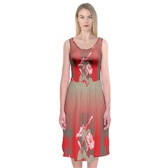 A Red And Beige Scarf With A Picture Of A Woman Holding A Tennis Racket Midi Sleeveless Dress by catchydesignhill