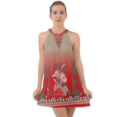 A Red And Beige Scarf With A Picture Of A Woman Holding A Tennis Racket Halter Tie Back Chiffon Dress by catchydesignhill