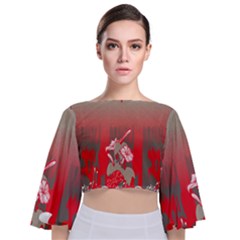 A Red And Beige Scarf With A Picture Of A Woman Holding A Tennis Racket Tie Back Butterfly Sleeve Chiffon Top by catchydesignhill