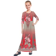 A Red And Beige Scarf With A Picture Of A Woman Holding A Tennis Racket Kids  Quarter Sleeve Maxi Dress by catchydesignhill