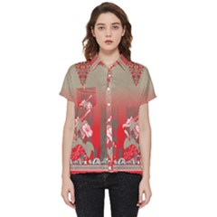 A Red And Beige Scarf With A Picture Of A Woman Holding A Tennis Racket Short Sleeve Pocket Shirt by catchydesignhill