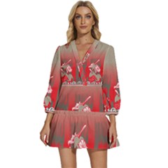 A Red And Beige Scarf With A Picture Of A Woman Holding A Tennis Racket V-neck Placket Mini Dress by catchydesignhill