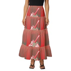 A Red And Beige Scarf With A Picture Of A Woman Holding A Tennis Racket Tiered Ruffle Maxi Skirt by catchydesignhill