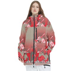 A Red And Beige Scarf With A Picture Of A Woman Holding A Tennis Racket Women s Multi Pockets Zip Ski And Snowboard Waterproof Breathable Jacket by catchydesignhill