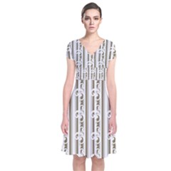 A White And Brown Striped Wallpaper With A Pattern Short Sleeve Front Wrap Dress by catchydesignhill