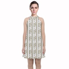 A White And Brown Striped Wallpaper With A Pattern Velvet Halter Neckline Dress 