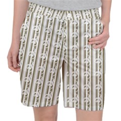 A White And Brown Striped Wallpaper With A Pattern Women s Pocket Shorts by catchydesignhill