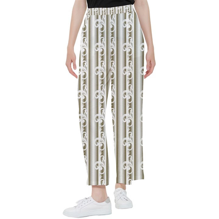 A White And Brown Striped Wallpaper With A Pattern Women s Pants 