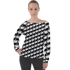 Stylish Coffee Cup Pattern Off Shoulder Long Sleeve Velour Top