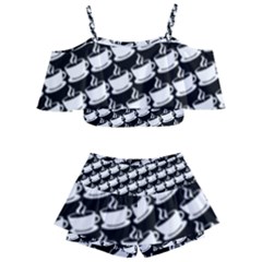 Stylish Coffee Cup Pattern Kids  Off Shoulder Skirt Bikini