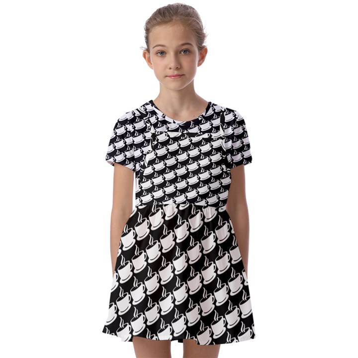 Stylish Coffee Cup Pattern Kids  Short Sleeve Pinafore Style Dress