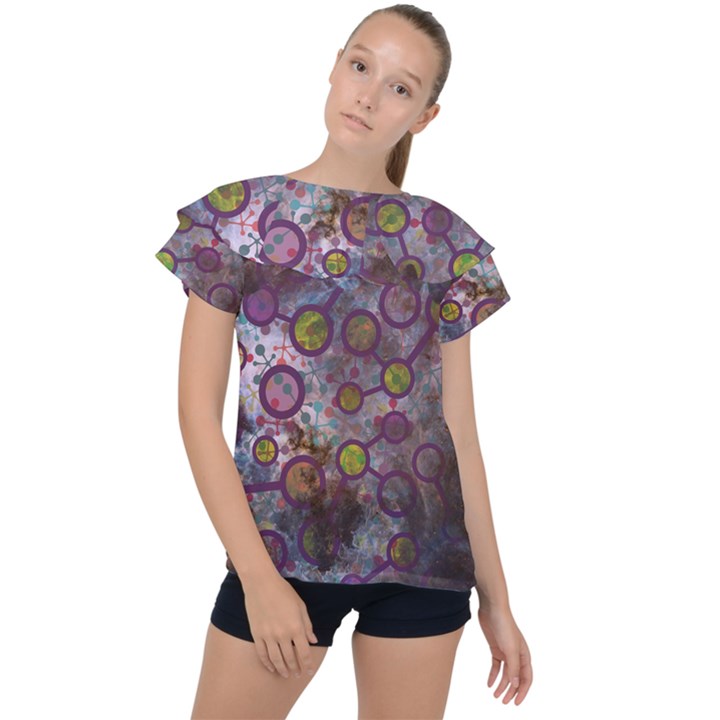 Abstract Molecular Space Art Ruffle Collar Chiffon Blouse