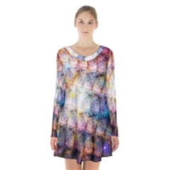 Cosmic Owls Pattern Long Sleeve Velvet V-neck Dress