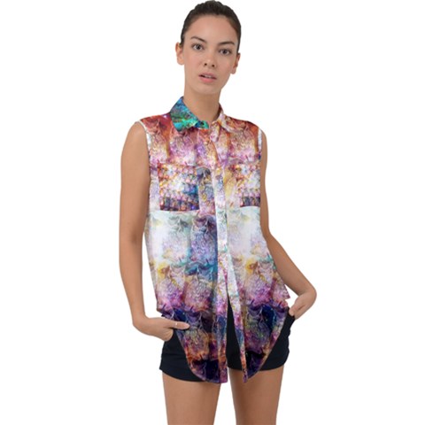 Cosmic Owls Pattern Sleeveless Chiffon Button Shirt by ExtraGoodSauce