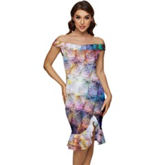 Cosmic Owls Pattern Off Shoulder Ruffle Split Hem Bodycon Dress by ExtraGoodSauce