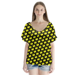 Royalty Inspired Crown Pattern V-neck Flutter Sleeve Top by ExtraGoodSauce