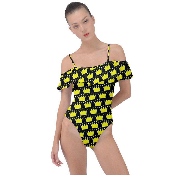 Royalty Inspired Crown Pattern Frill Detail One Piece Swimsuit