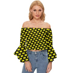 Royalty Inspired Crown Pattern Off Shoulder Flutter Bell Sleeve Top