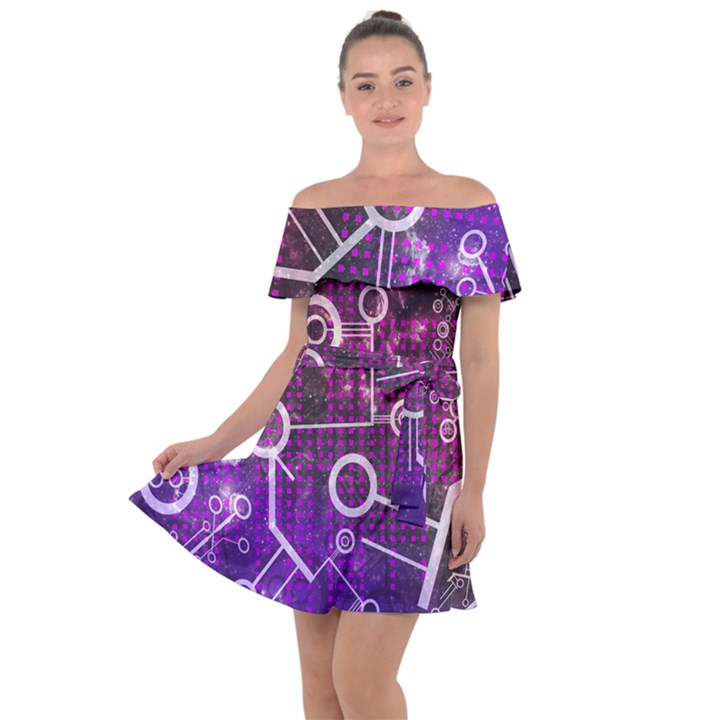 Cosmic Network Geometric Art Off Shoulder Velour Dress