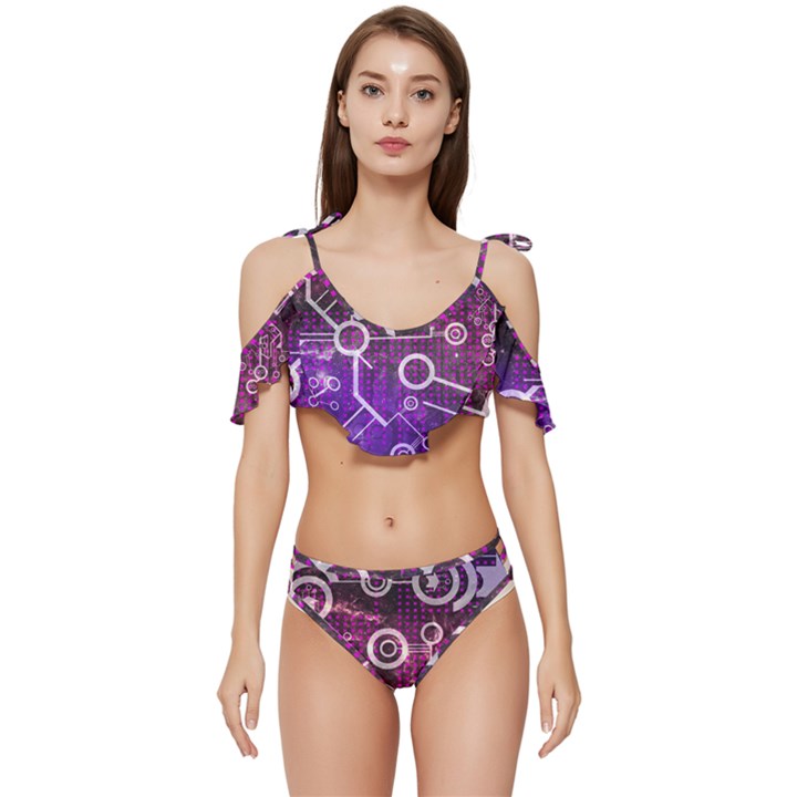 Cosmic Network Geometric Art Ruffle Edge Tie Up Bikini Set	