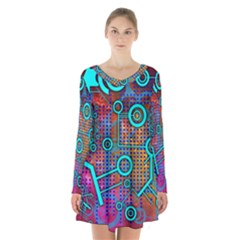 Abstract Tech Galaxy Design Long Sleeve Velvet V-neck Dress