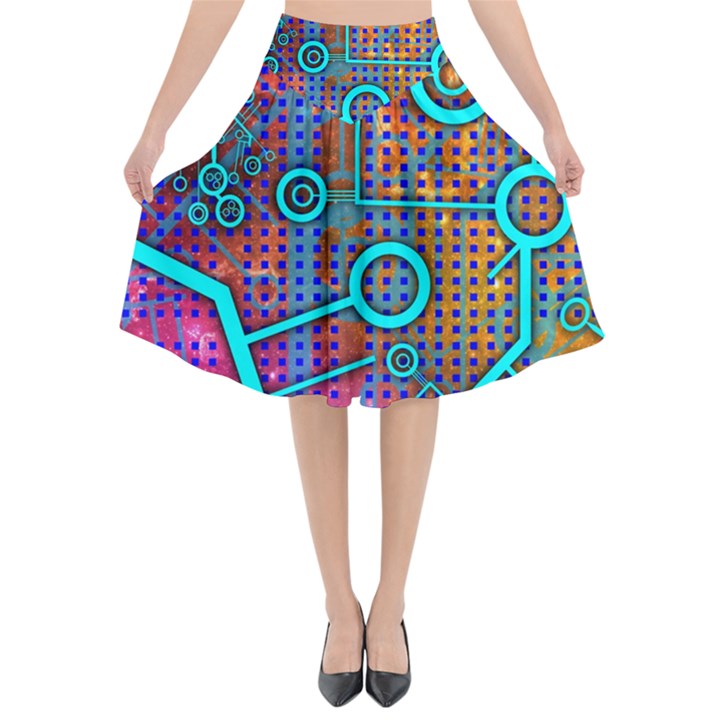 Abstract Tech Galaxy Design Flared Midi Skirt