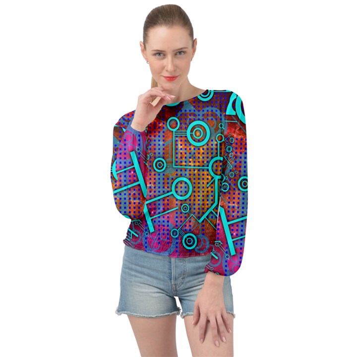 Abstract Tech Galaxy Design Banded Bottom Chiffon Top