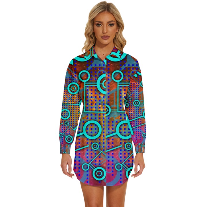 Abstract Tech Galaxy Design Womens Long Sleeve Shirt Dress