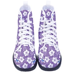 White Hibiscus Flowers With Dhari [purple] And Torres Strait Flag In Stingrays On Women s High-top Canvas Sneakers by DeadlyShoes2024