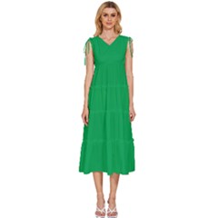 A Green Background With A White Border V-neck Drawstring Shoulder Sleeveless Maxi Dress