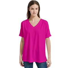 A Pink Background With A Black Border V-neck Split Shoulder Casual T-shirt by catchydesignhill