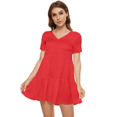 A Red Background With A White Border Tiered Short Sleeve Babydoll Dress