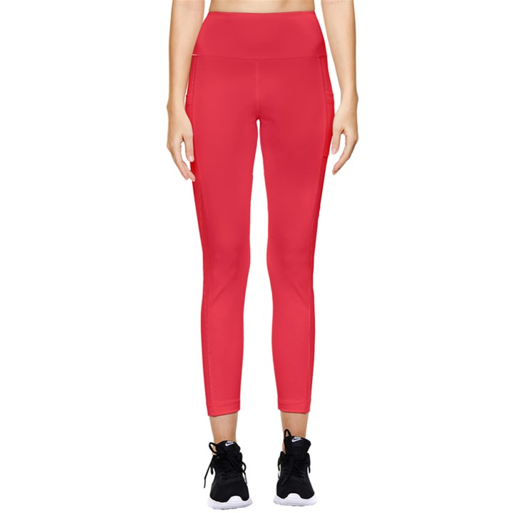 A Red Background With A White Border Pocket Leggings 