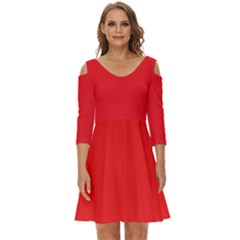 A Red Background With A White Border Shoulder Cut Out Zip Up Dress