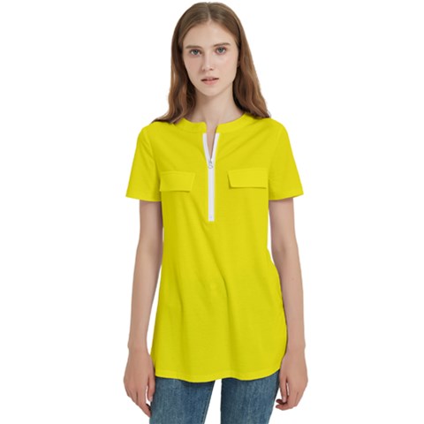 A Yellow Background With A Black Border Women s Zip Front V-neck Short Sleeve Casual Top Pocket Shirt by catchydesignhill