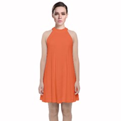 An Orange Background With A Black Border Velvet Halter Neckline Dress 